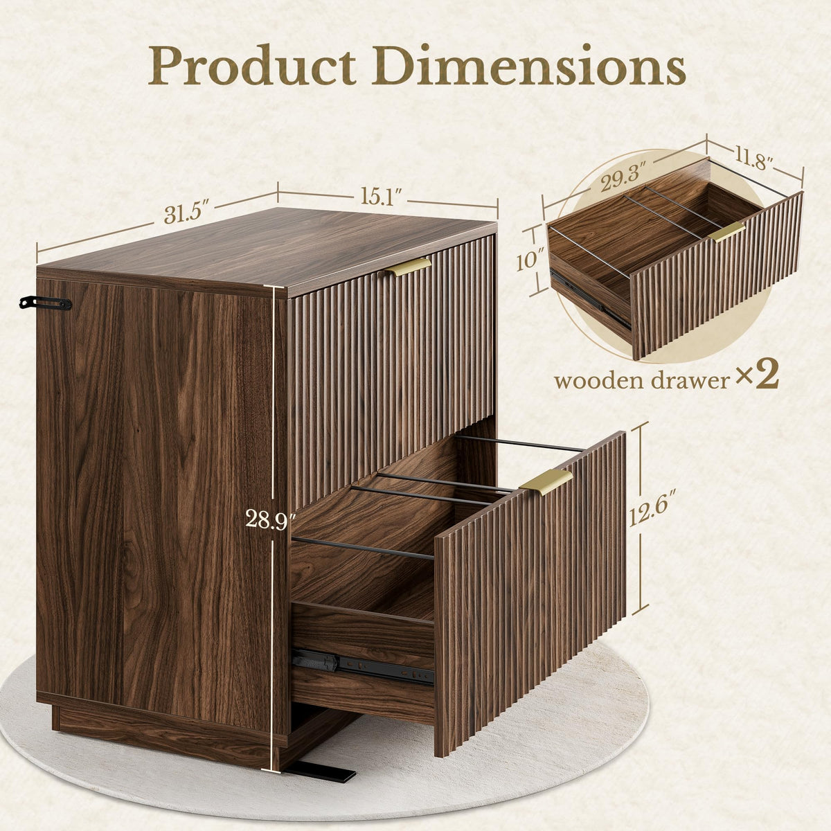 Black Walnut 2 Drawer Fluted Lateral File Cabinet P6938