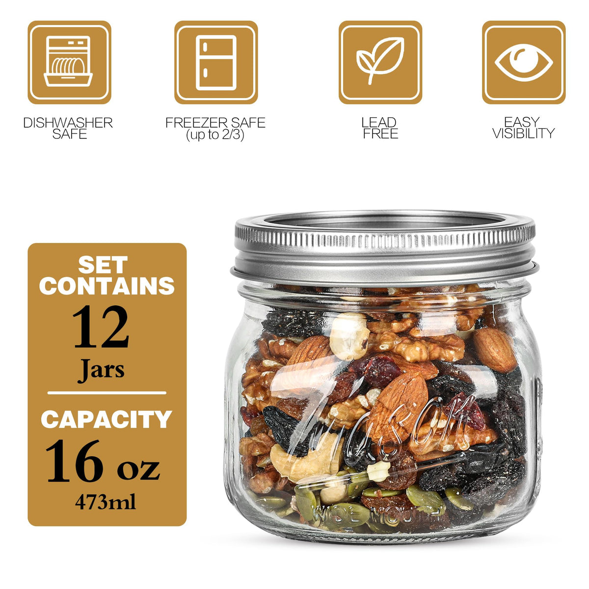 Wide Mouth Mason Jars 16oz with Airtight Lids and Bands X5761