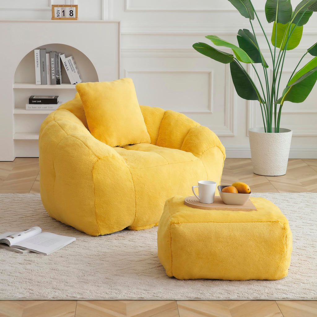 Yellow Faux Fur Memory Foam Bean Bag Chair with Footstool Y3919