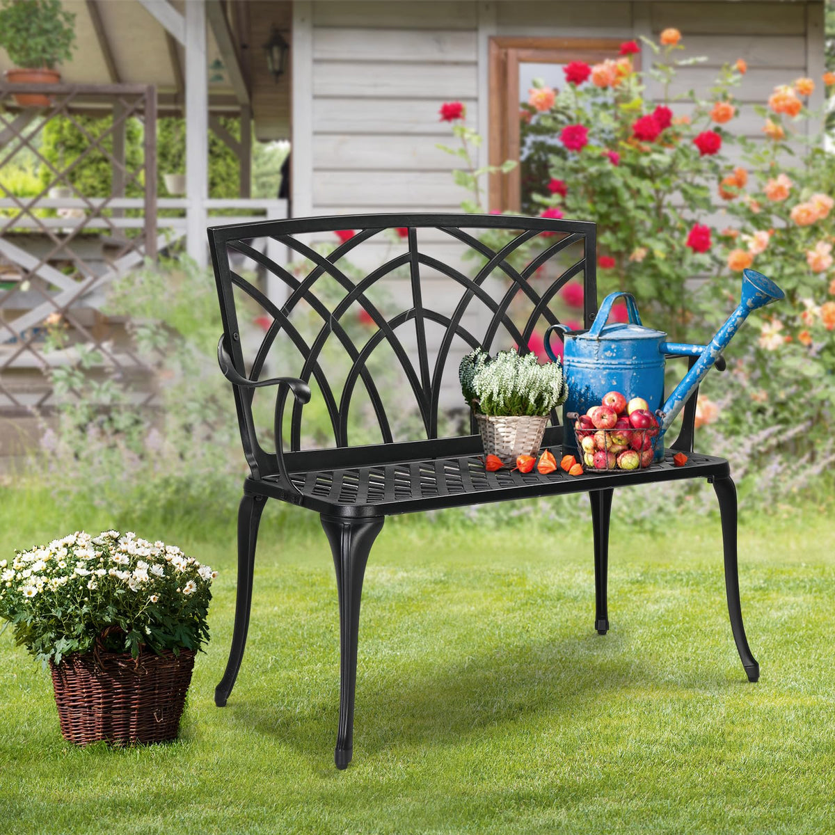 38" Black Metal Outdoor Bench M841725
