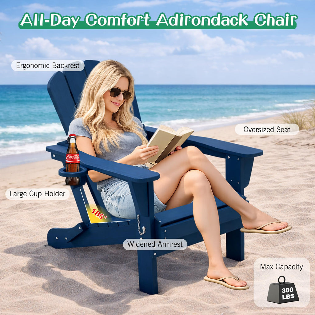 Folding Adirondack Chair Set of 8 HDPE All-Weather with Cup Holder Blue D97722