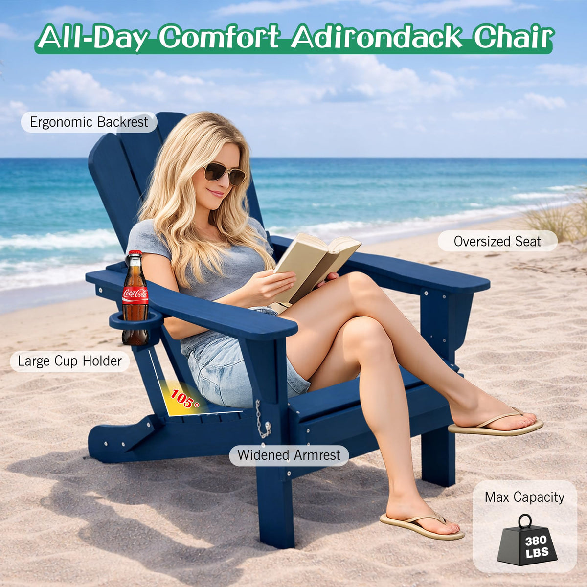 Folding Adirondack Chair Set of 8 HDPE All-Weather with Cup Holder Blue D97722