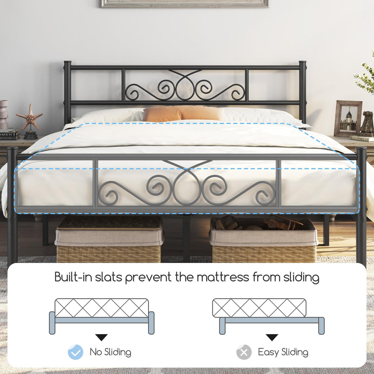 Black Metal Bed Frame with Headboard and Footboard W226