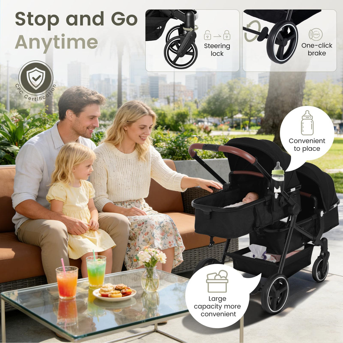 Foldable Tandem Double Stroller with Storage Basket C489867