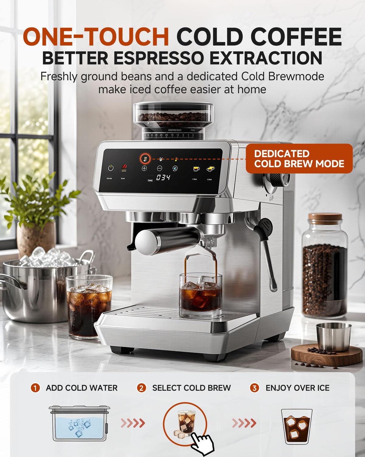 Espresso Machine With Grinder, Temp Control, 44 Grind Settings N325