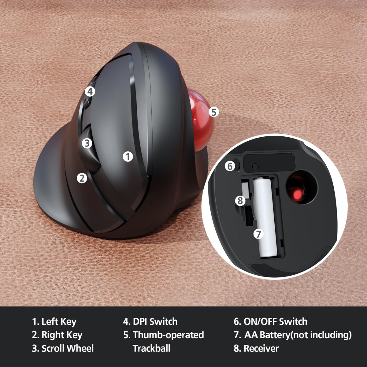 Wireless Ergonomic Trackball Mouse, 3 Adjustable DPI, Black Q231884
