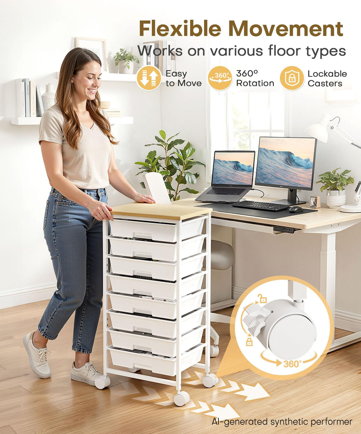 Rolling Storage Drawer Cart 8 Drawer Lockable Wheels W9387