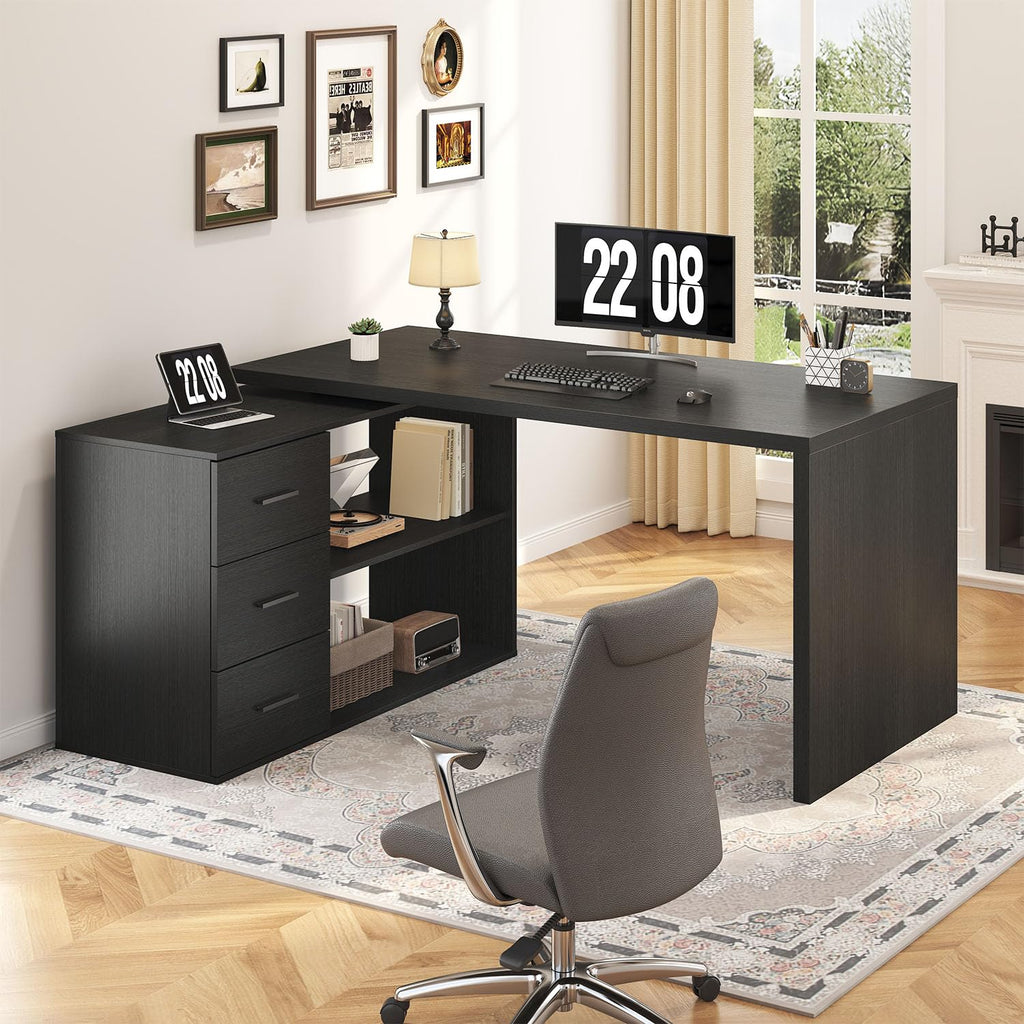 Black L Shaped Corner Desk with Storage Drawers L254579