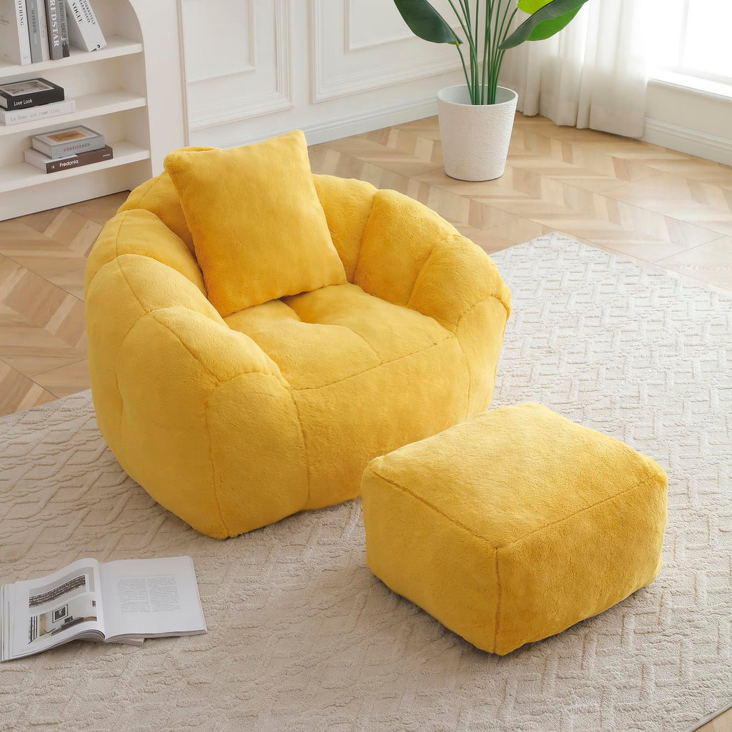 Yellow Faux Fur Memory Foam Bean Bag Chair with Footstool Y3919