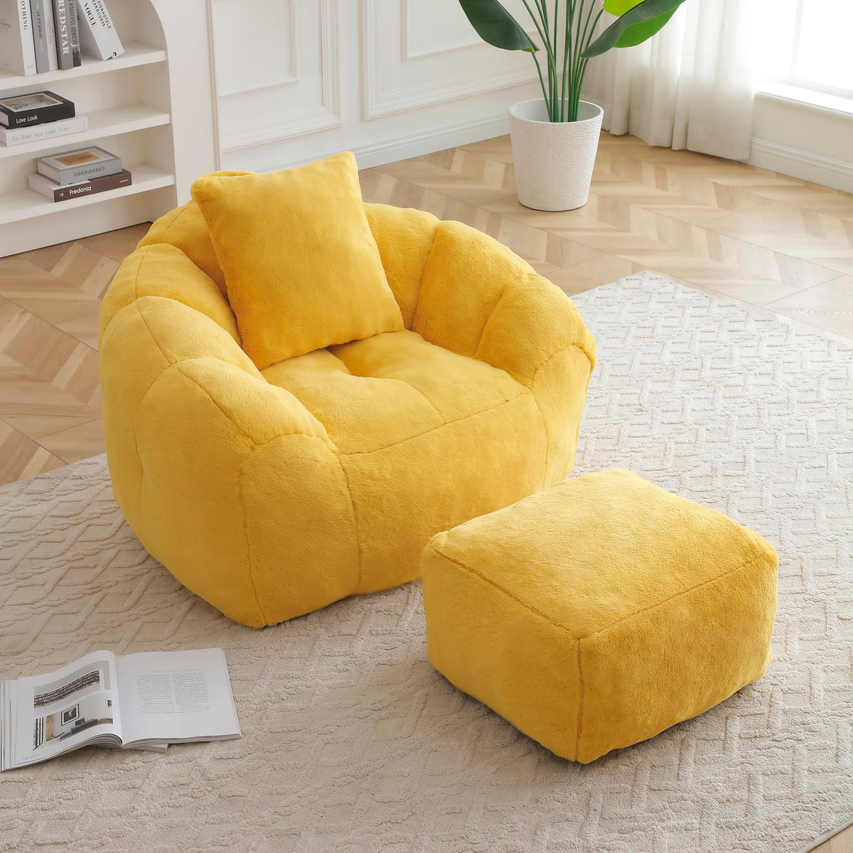 Yellow Faux Fur Memory Foam Bean Bag Chair with Footstool Y3919
