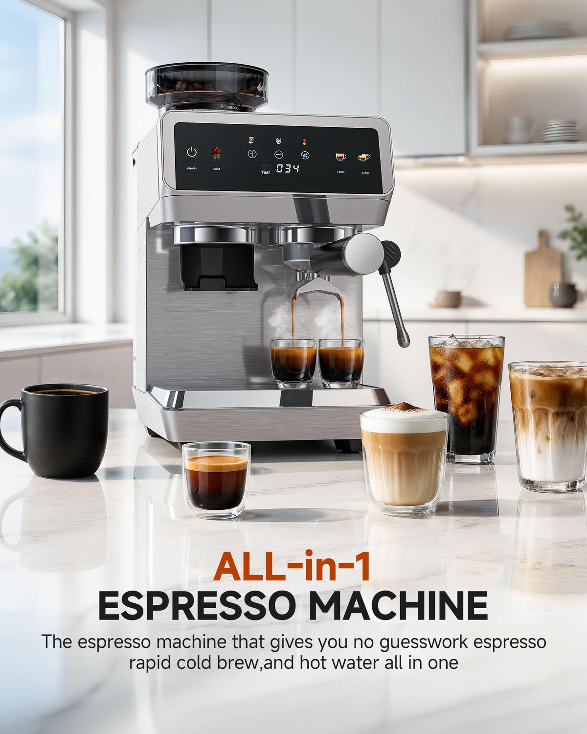 Espresso Machine With Grinder, Temp Control, 44 Grind Settings N325
