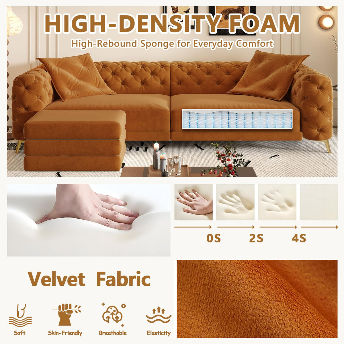 Velvet Convertible Sofa Bed with Ottomans H18096