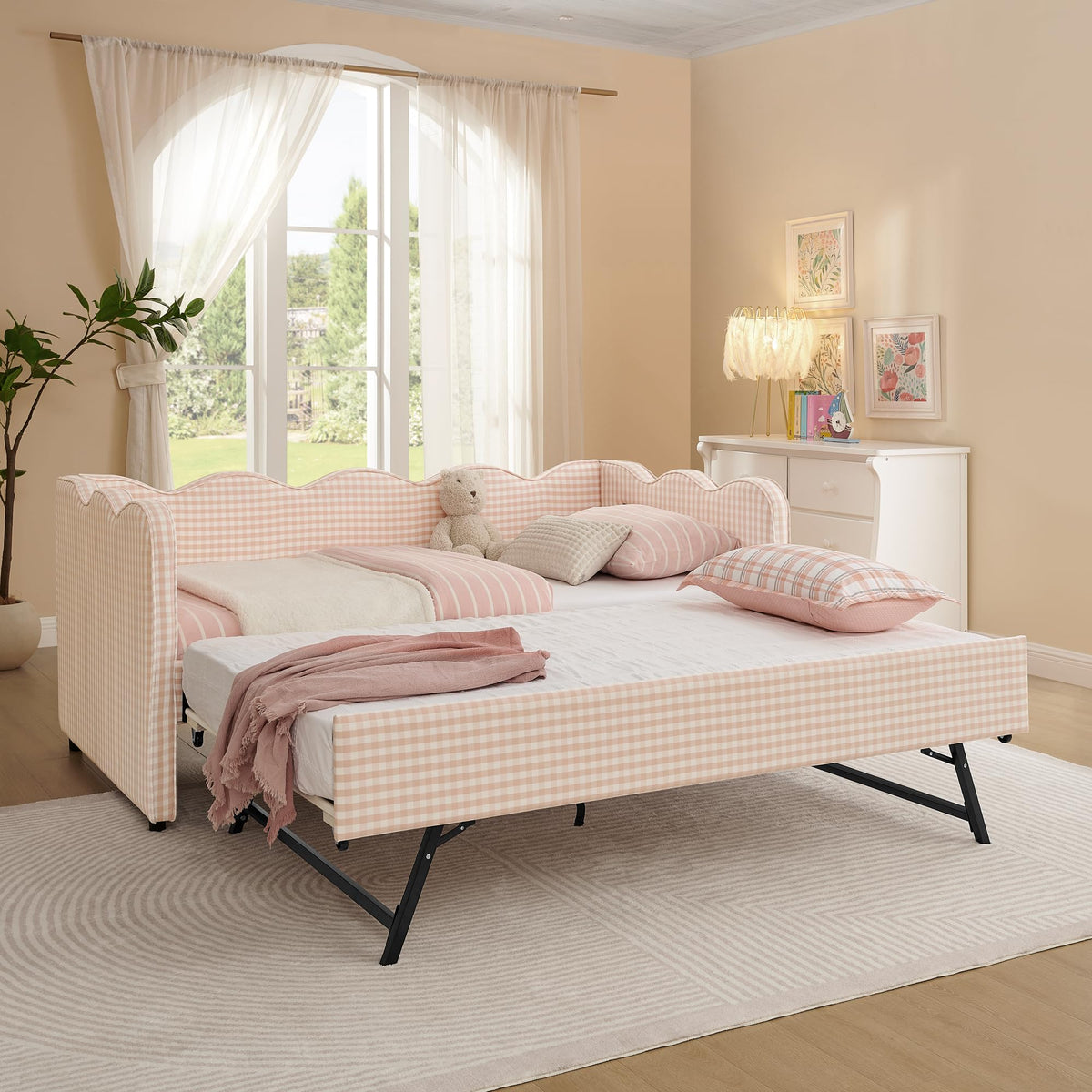 Pink Twin Size Gingham Daybed with Trundle I792107