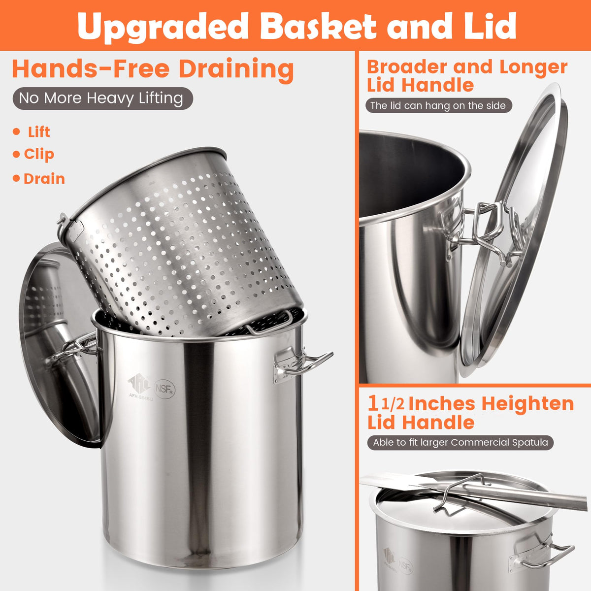 64 QT Stainless Steel Seafood Boil Pot with Basket D5256