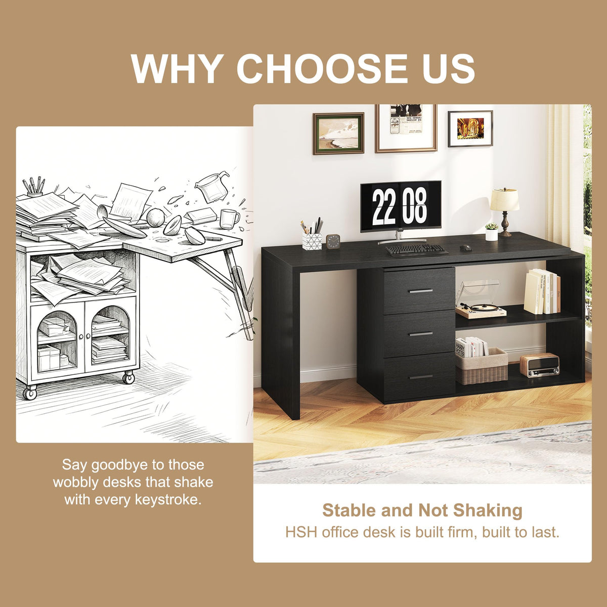 Black L Shaped Corner Desk with Storage Drawers L254579