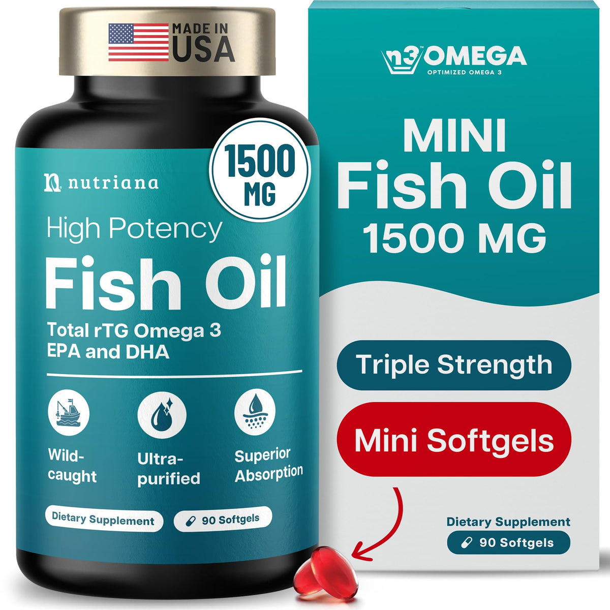 1500mg Omega 3 Fish Oil Softgels with EPA & DHA, 90 Softgels E31905