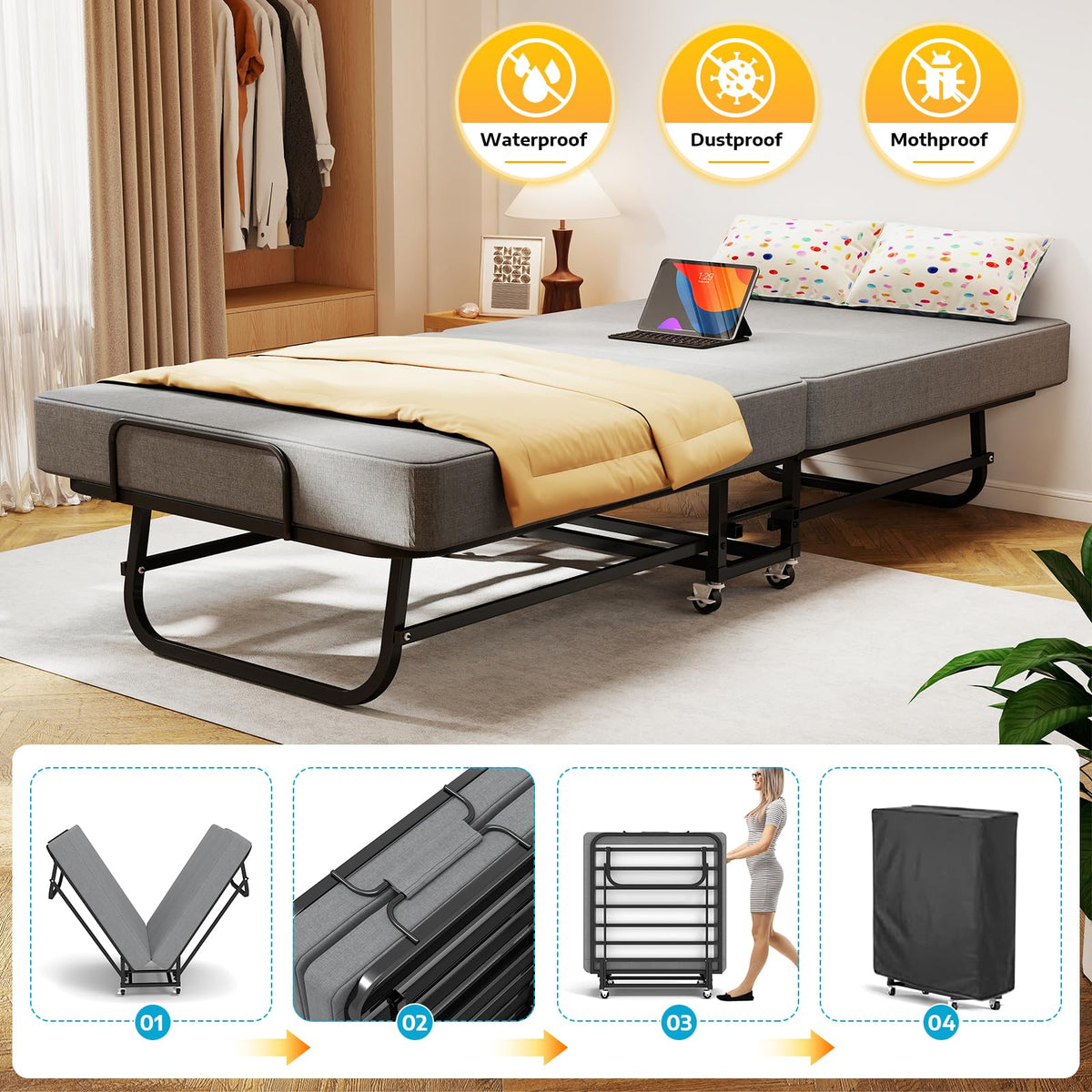 Folding Bed with Mattress on Wheels D402189