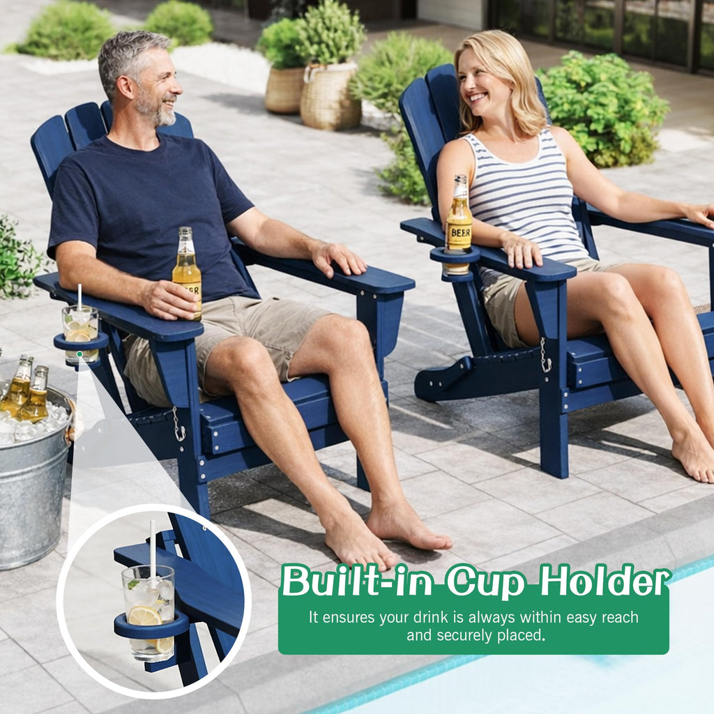 Folding Adirondack Chair Set of 8 HDPE All-Weather with Cup Holder Blue D97722