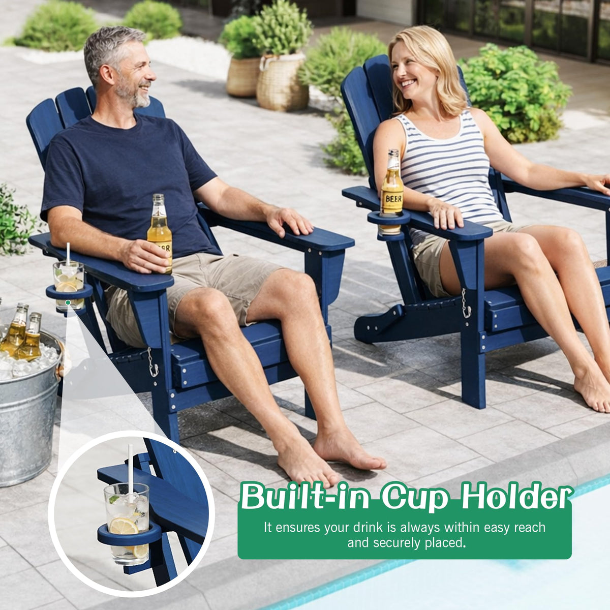 Folding Adirondack Chair Set of 8 HDPE All-Weather with Cup Holder Blue D97722