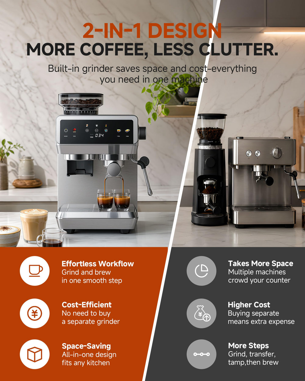 Espresso Machine With Grinder, Temp Control, 44 Grind Settings N325