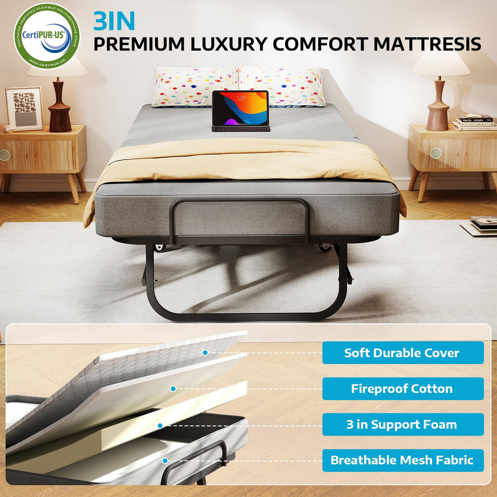 Folding Bed with Mattress on Wheels D402189