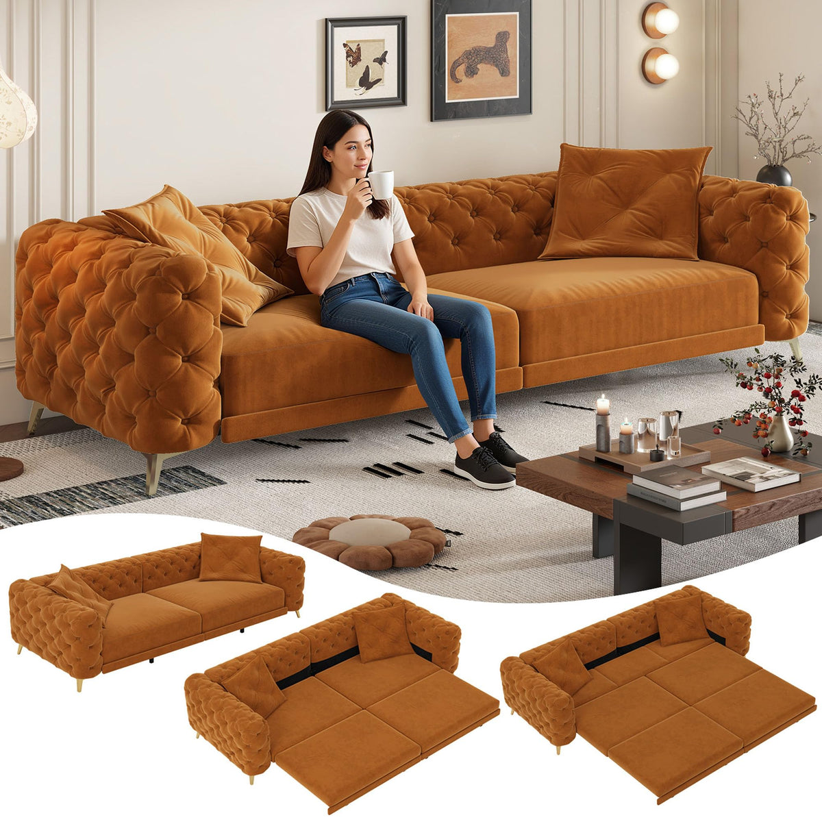 Velvet Convertible Sofa Bed with Ottomans H18096