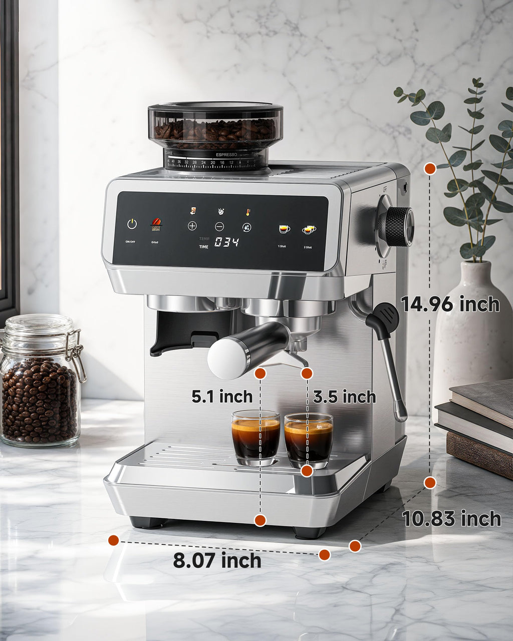 Espresso Machine With Grinder, Temp Control, 44 Grind Settings N325