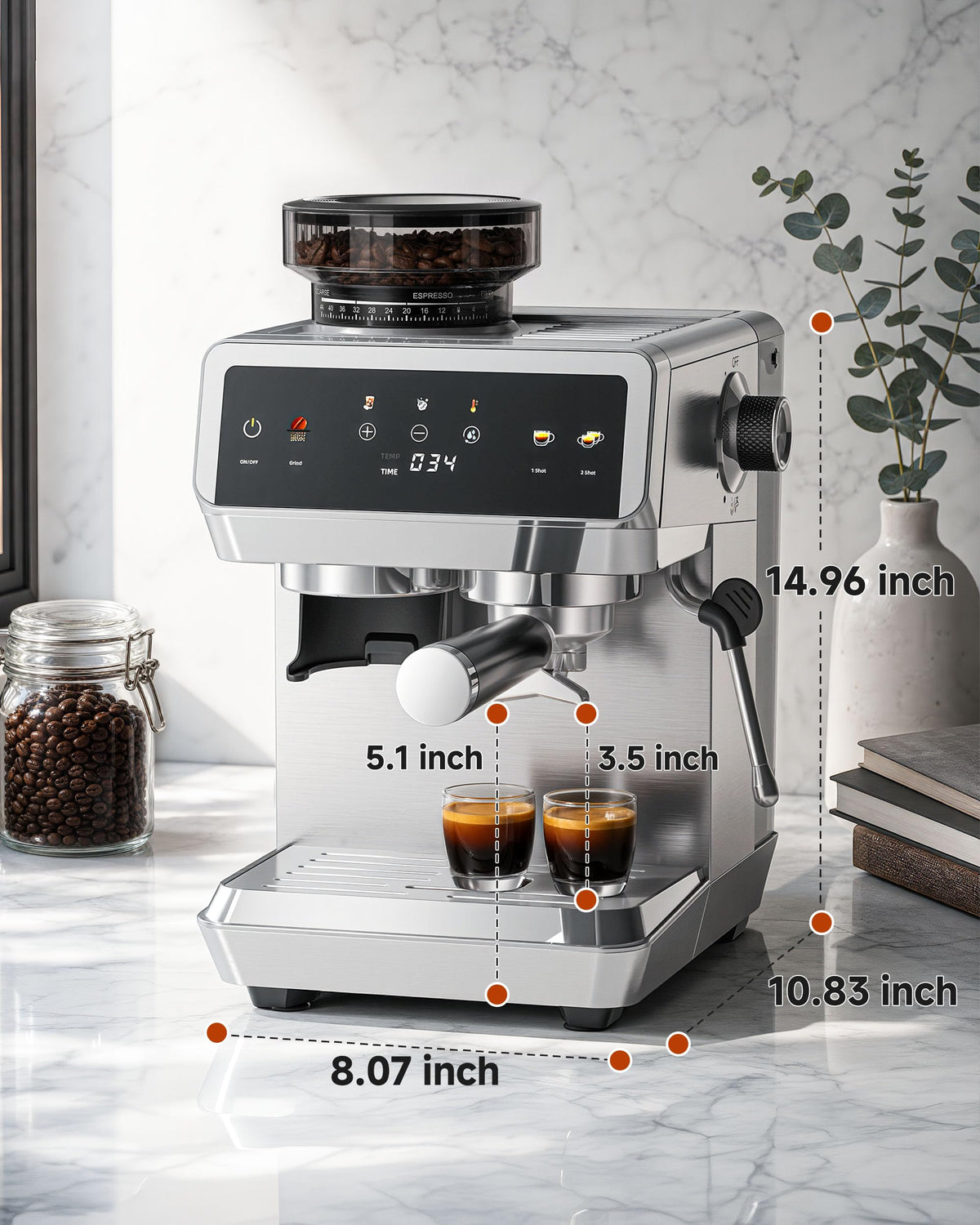 Espresso Machine With Grinder, Temp Control, 44 Grind Settings N325