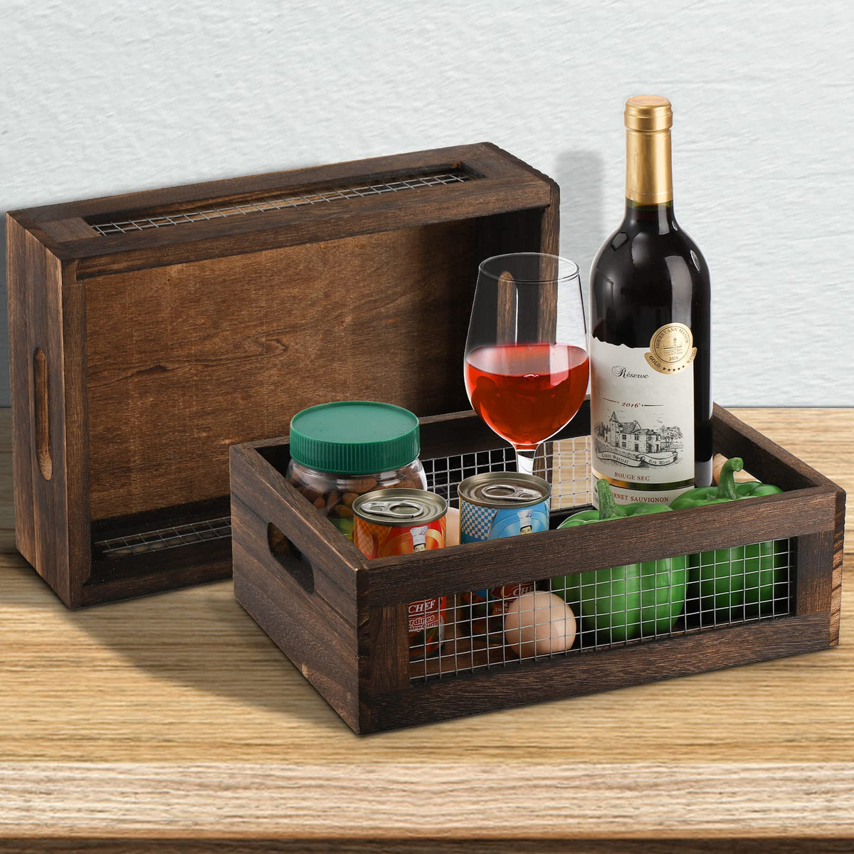 Set of 2 Rustic Wooden Nesting Boxes with Handle B5323