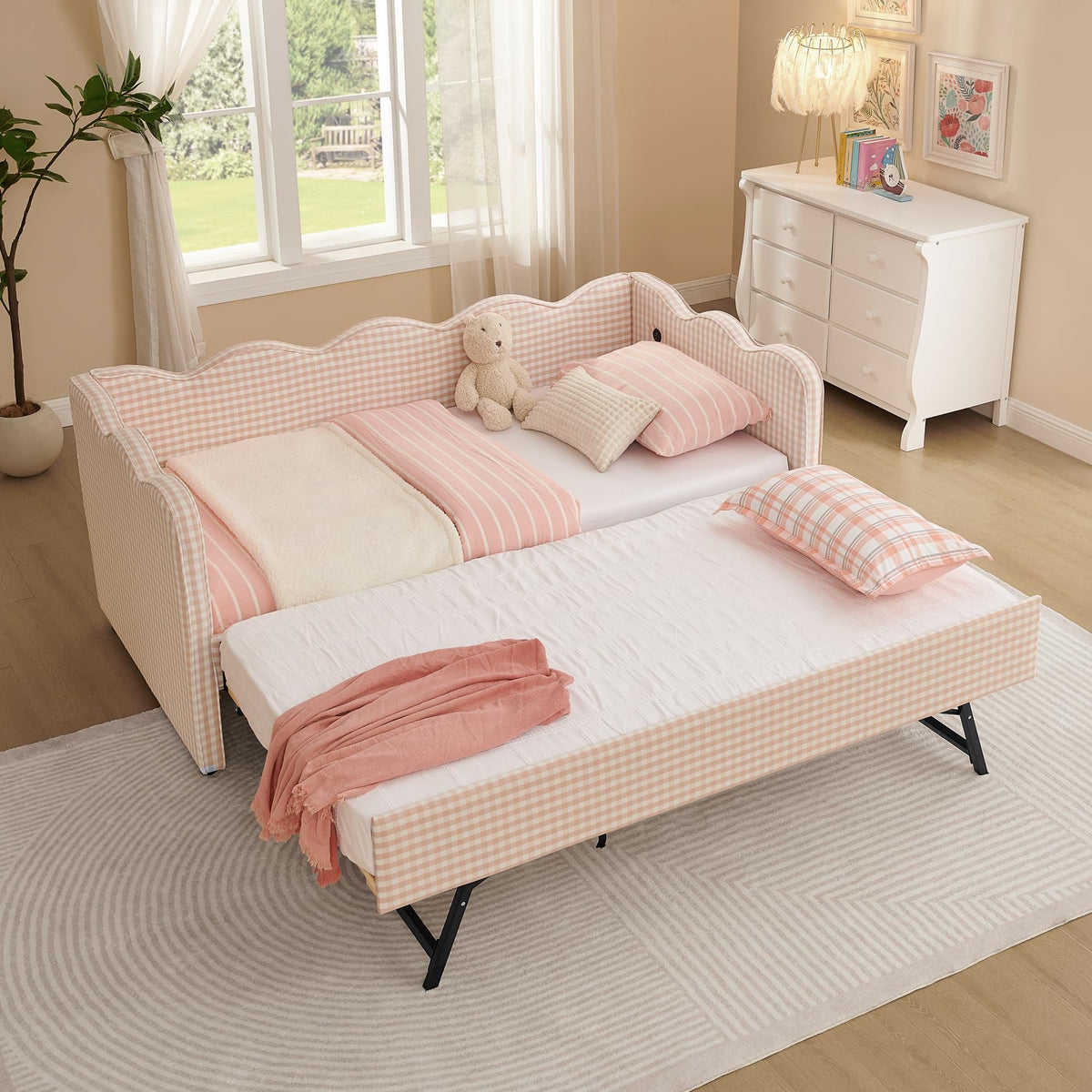 Pink Twin Size Gingham Daybed with Trundle I792107