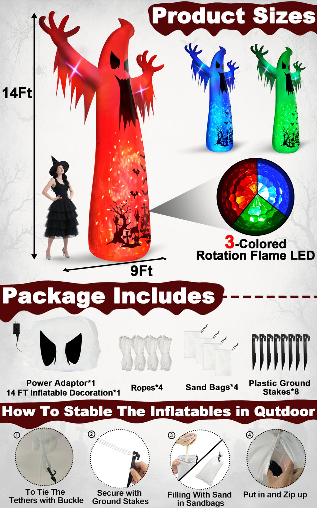 14 Ft Inflatable Ghost Outdoor Decoration with Flame Light Y87100