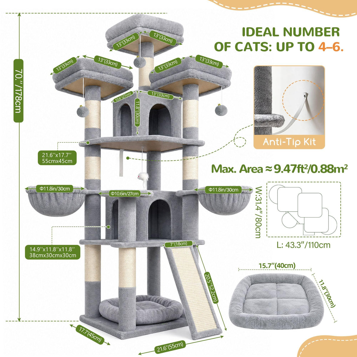 70 Inch Light Grey Cat Tree with Scratching Post X736584