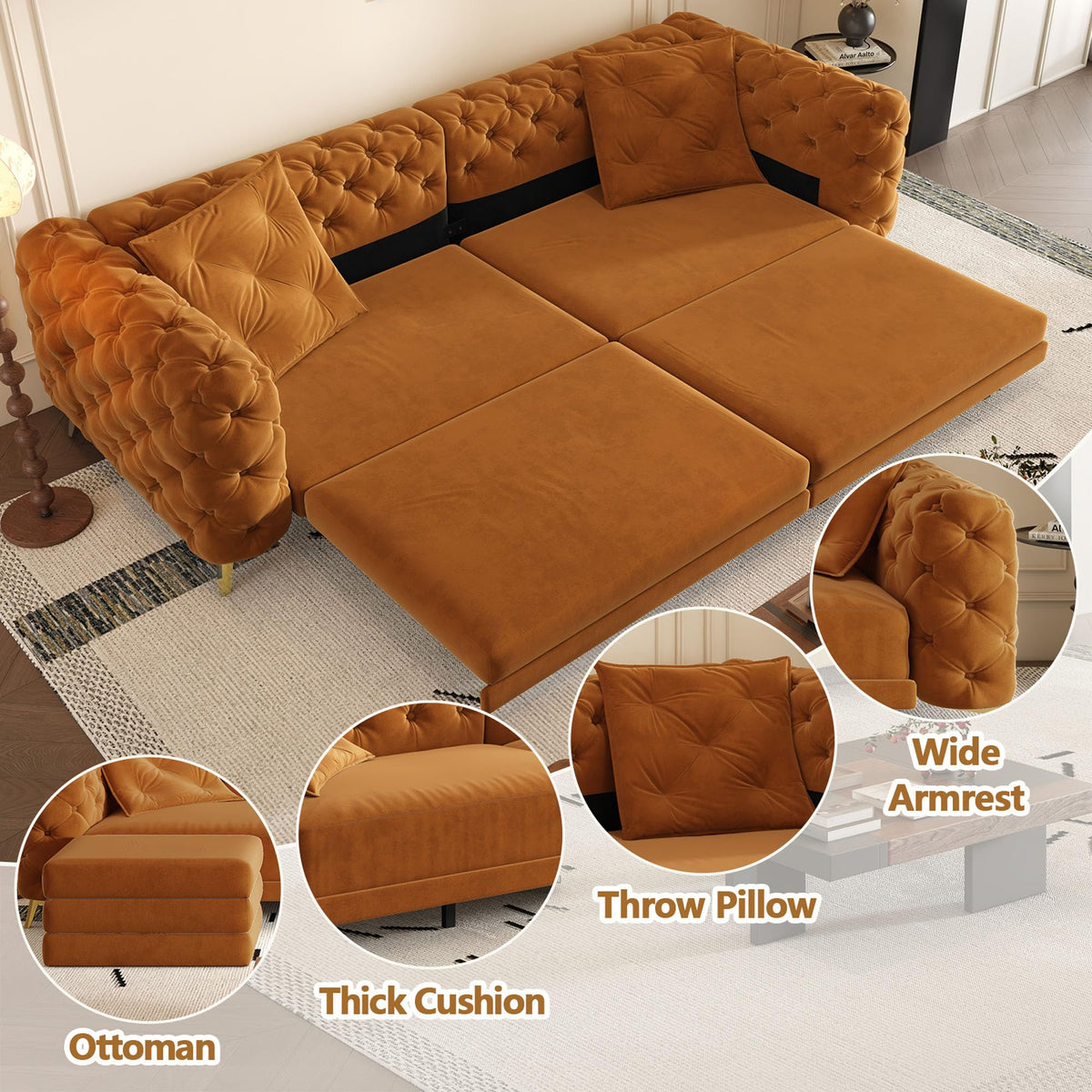 Velvet Convertible Sofa Bed with Ottomans H18096