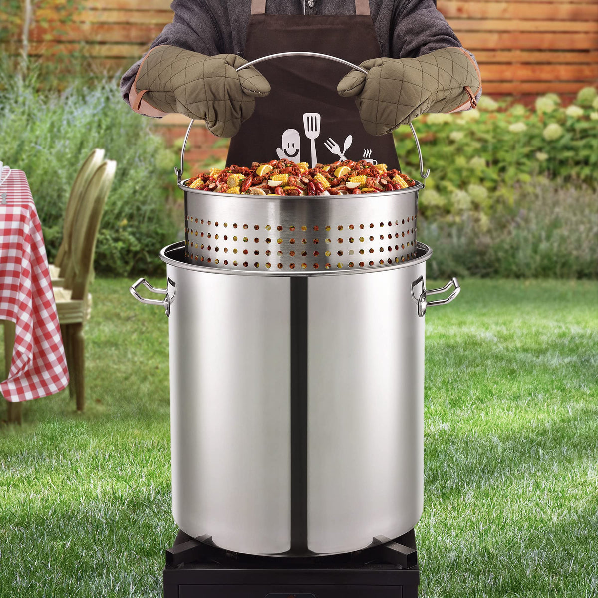 64 QT Stainless Steel Seafood Boil Pot with Basket D5256