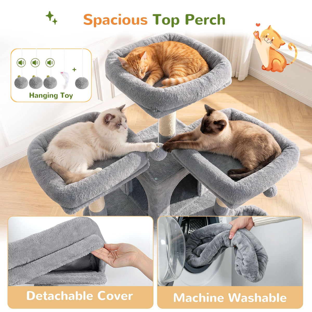 70 Inch Light Grey Cat Tree with Scratching Post X736584