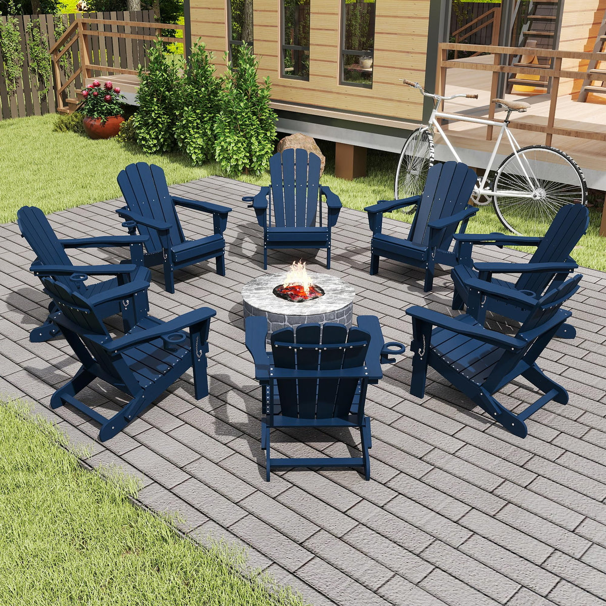 Folding Adirondack Chair Set of 8 HDPE All-Weather with Cup Holder Blue D97722