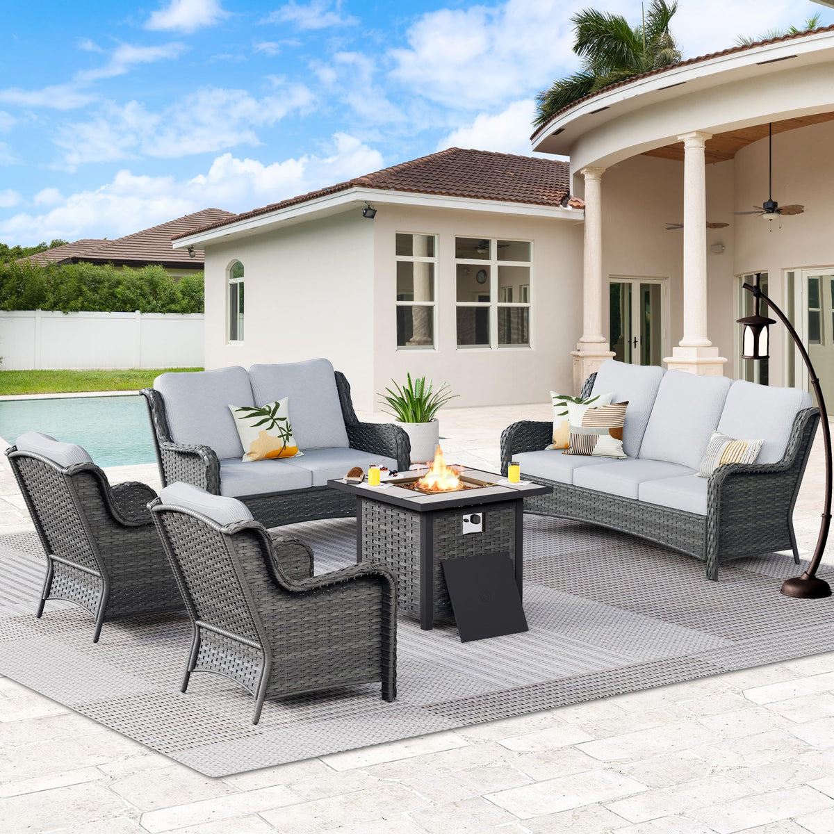 5 Piece Wicker Sofa Set with Fire Pit Table X929